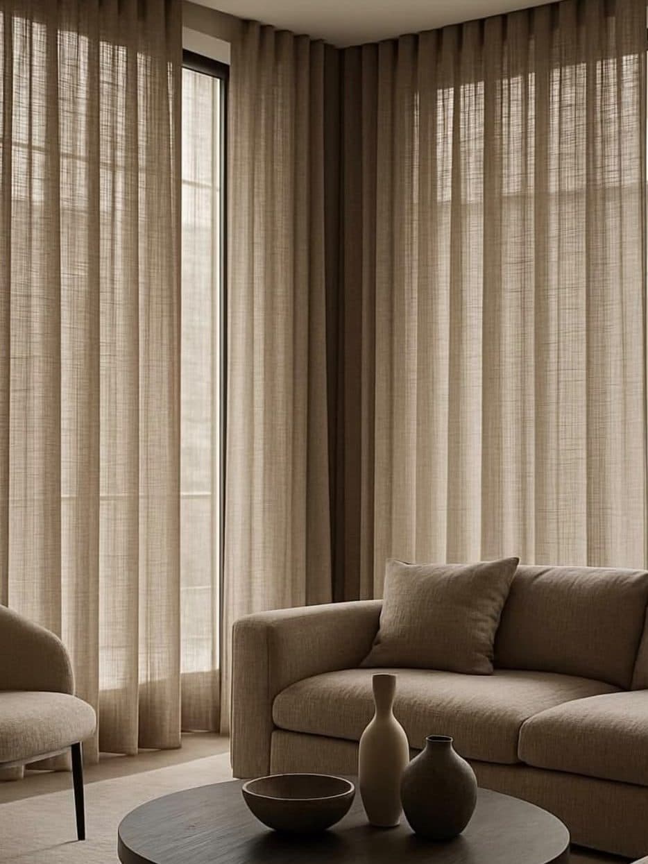 Full height sheer curtains falling across a corner window