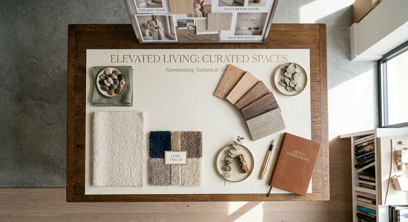 A scheme laid out on a studio table: carpet swatches, timber samples, stone and a mood board