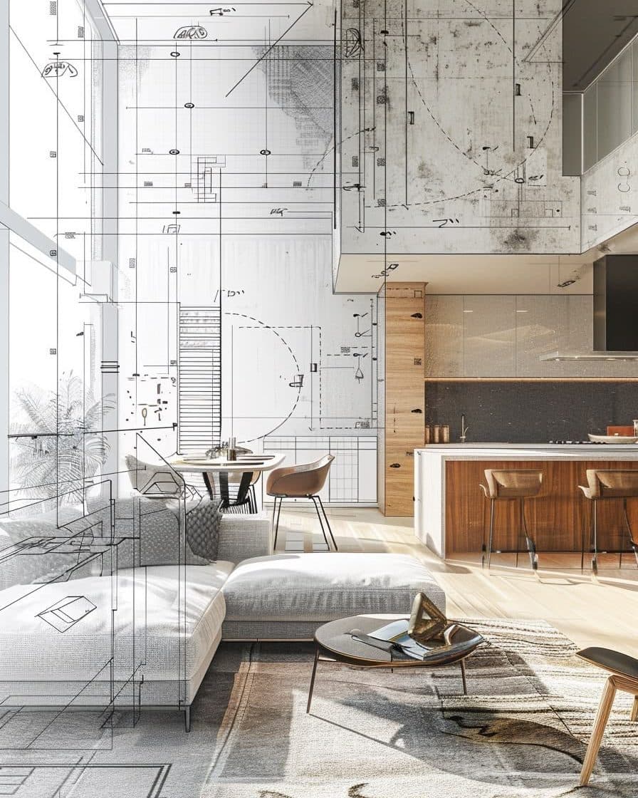 An architectural plan drawn over the room it describes